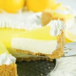 a slice of lemon cream cheese pie on a pie server.