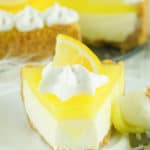 lemon cream cheese pie slice on a plate.
