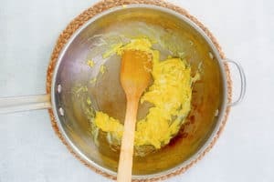scrambled eggs for fried rice in a skillet.