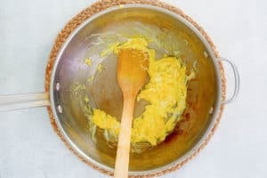 scrambled eggs for fried rice in a skillet.