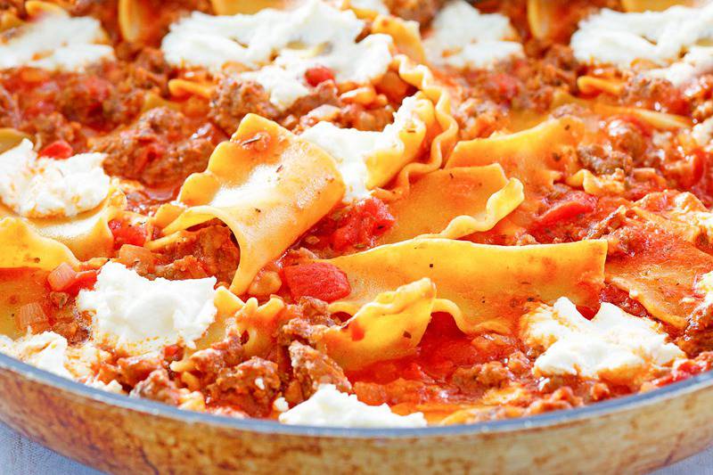 closeup of lasagna in a skillet.