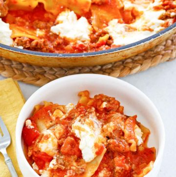 lasagna in a bowl and a skillet.