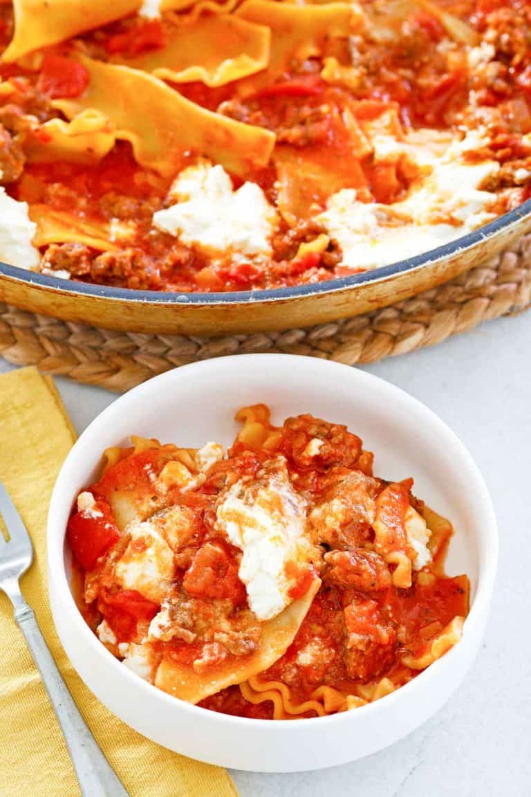 lasagna in a bowl and a skillet.