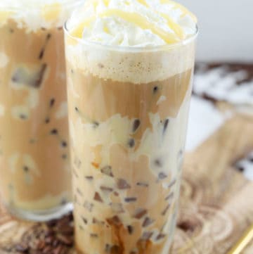 copycat Starbucks iced white chocolate mocha drink with whipped cream.