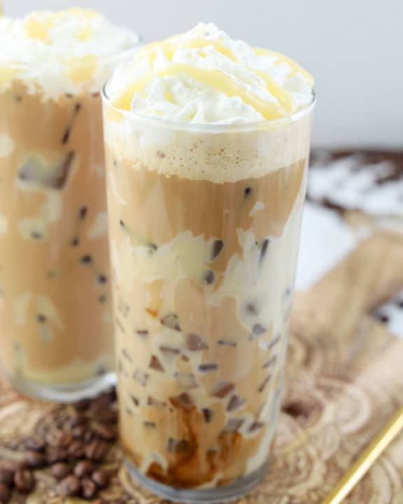 copycat Starbucks iced white chocolate mocha drink with whipped cream.