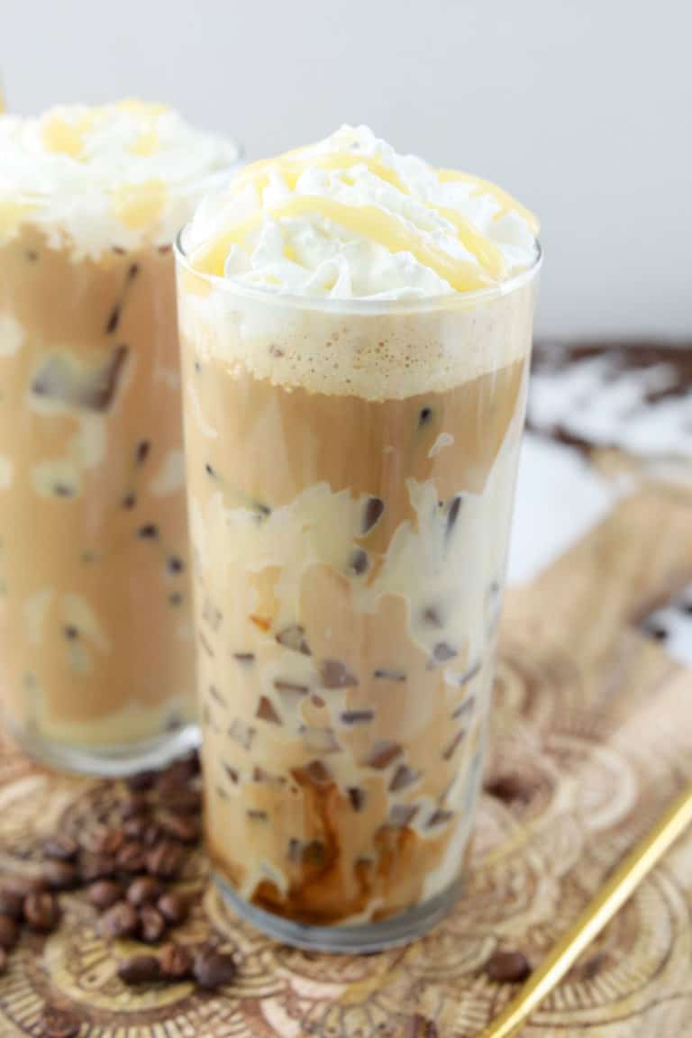 copycat Starbucks iced white chocolate mocha drink with whipped cream.