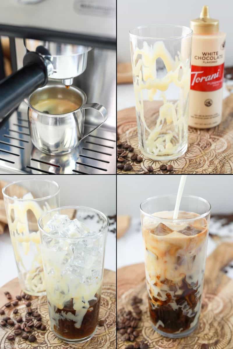 collage of copycat Starbucks iced white chocolate mocha recipe steps.
