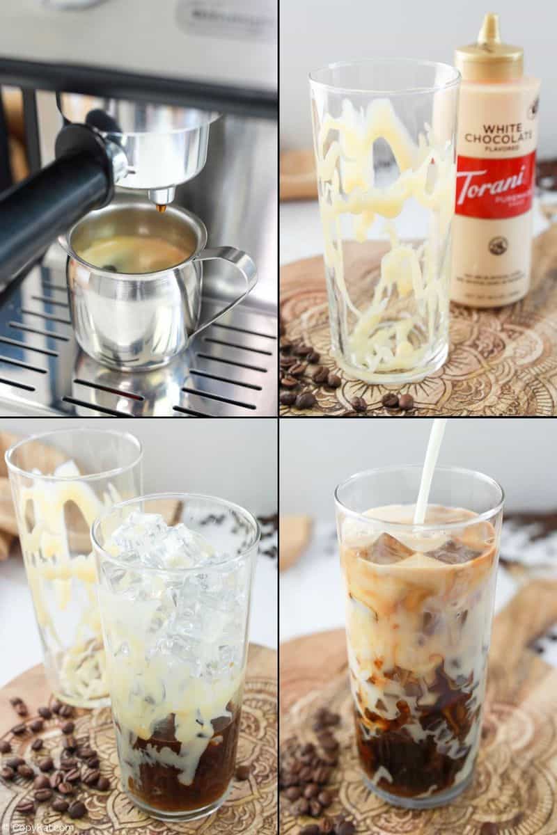 Collage aus Nachahmer-Rezeptschritten für Starbucks-Mokka mit eisgekühlter weißer Schokolade.