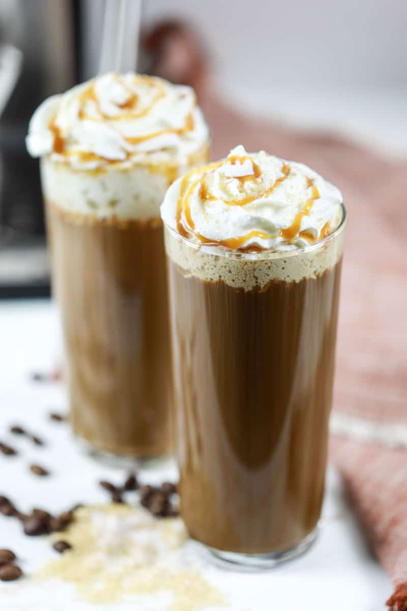 two homemade Starbucks salted caramel latte drinks.