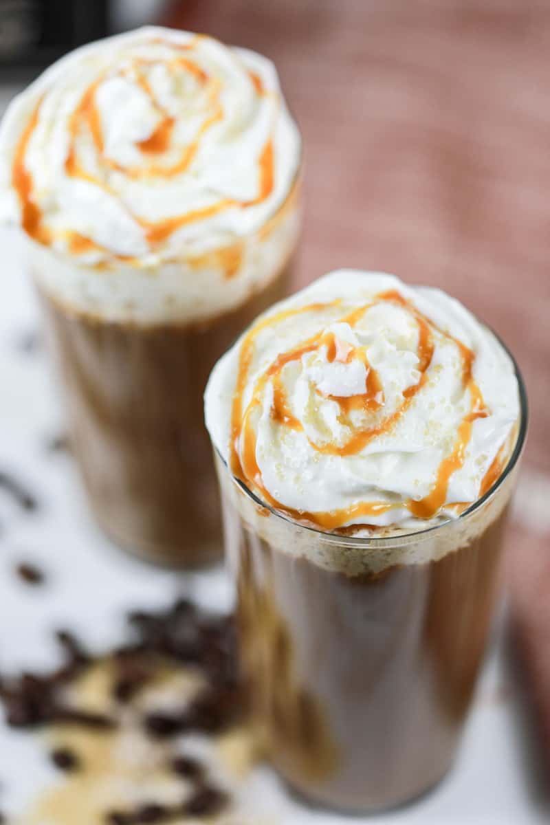 two homemade Starbucks salted caramel latte drinks.
