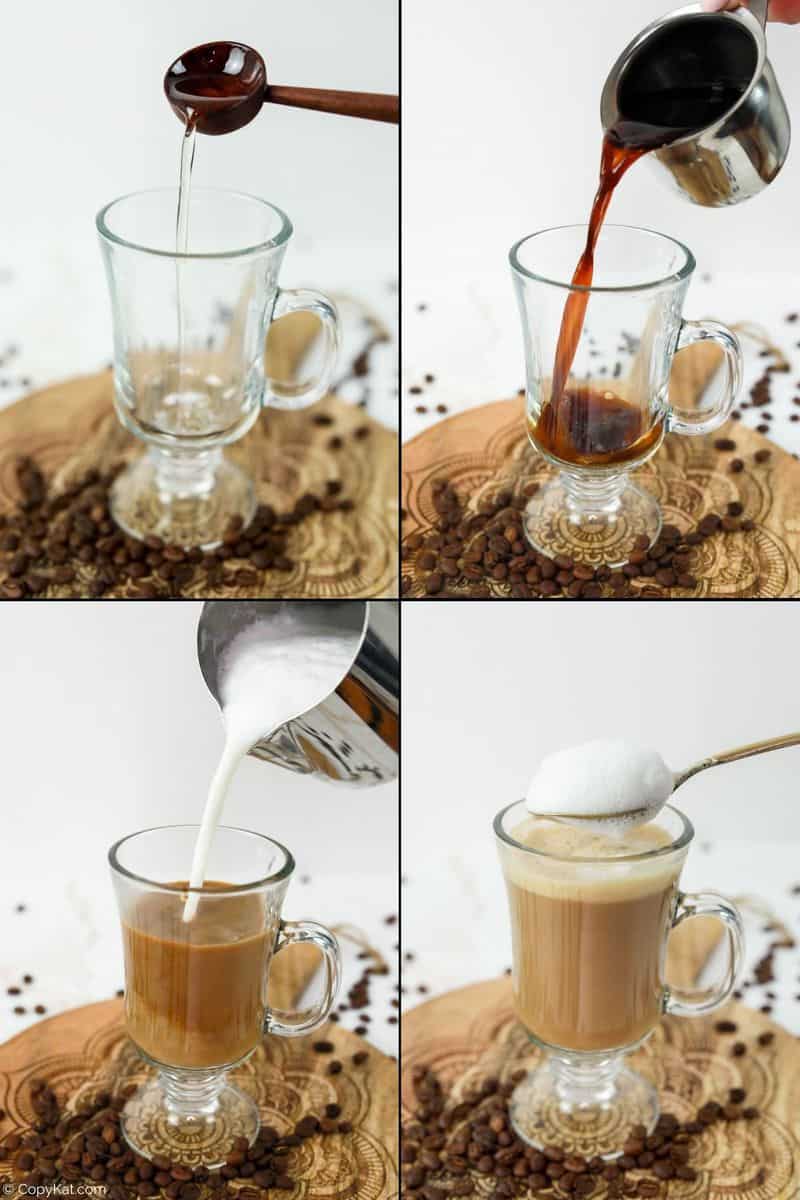collage of Starbucks vanilla latte recipe steps.