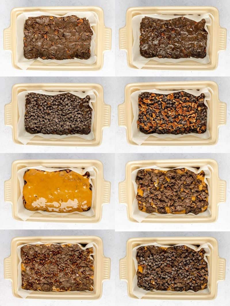 collage of turtle brownies recipe steps.