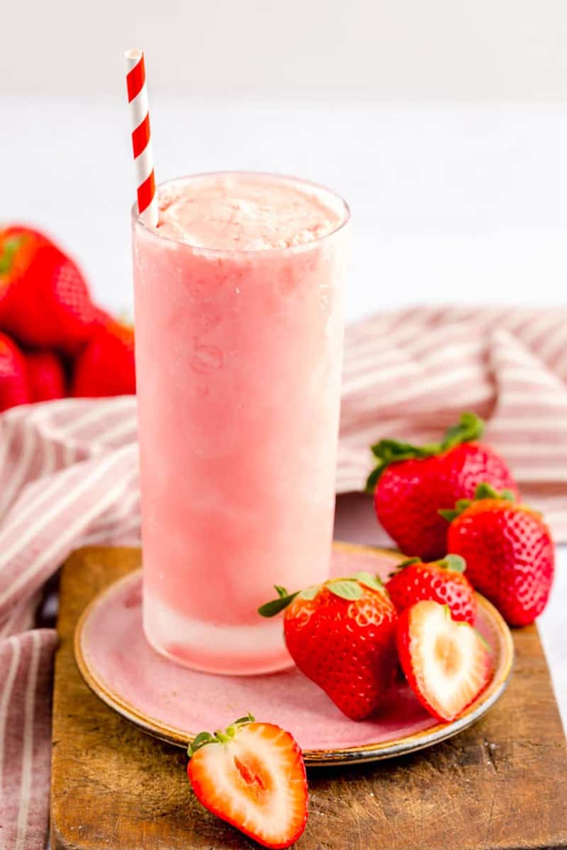 copycat Wendy's strawberry frosty on a coaster.