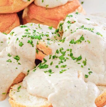 homemade white gravy over biscuits.