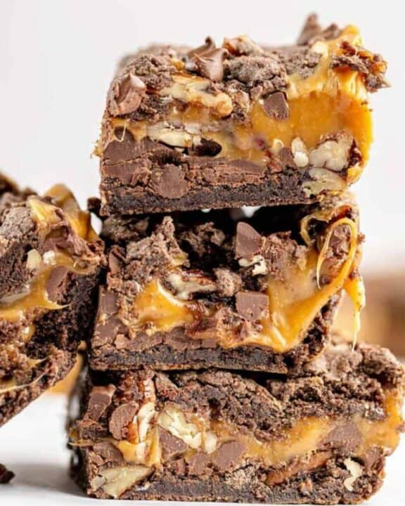a stack of turtle brownies.
