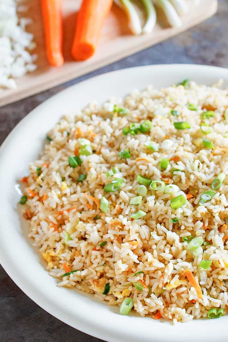 homemade Benihana hibachi fried rice on a white plate.