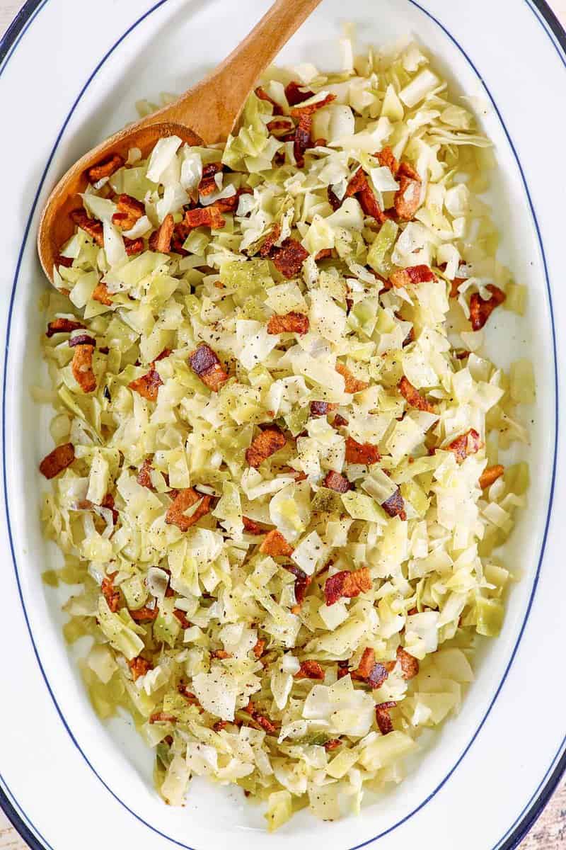 overhead view of southern boiled cabbage with bacon.