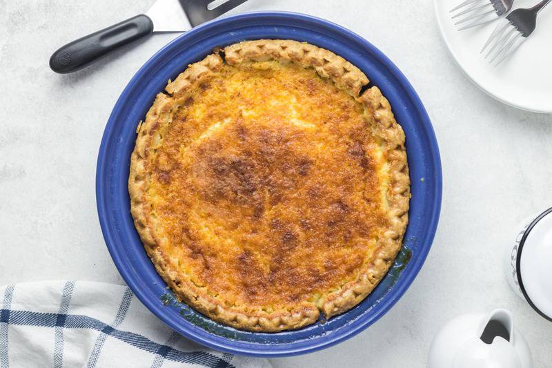 overhead view of a baked buttermilk pie.