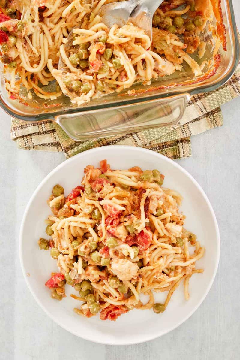 overhead view of chicken spaghetti casserole.