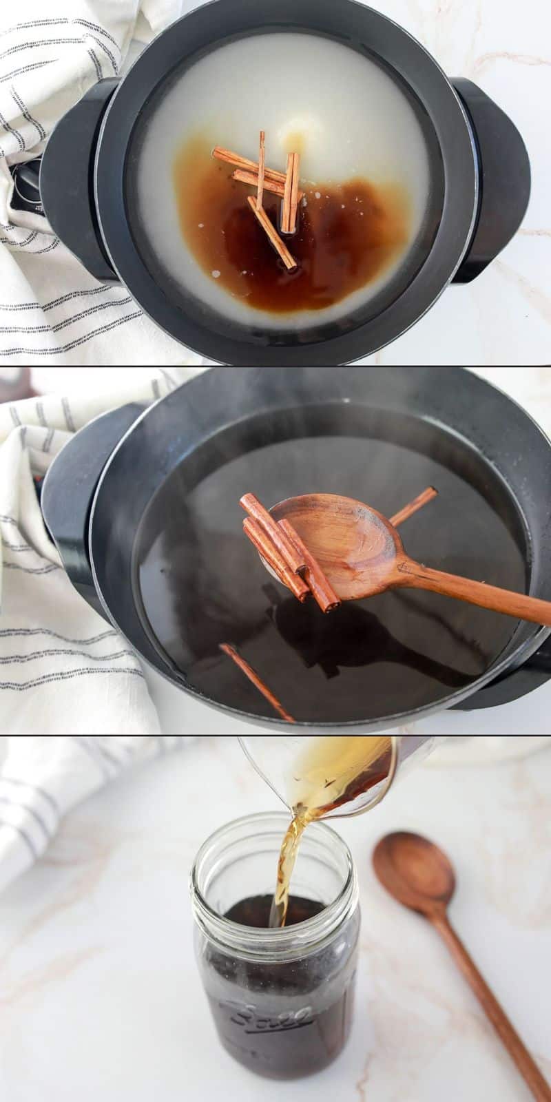 collage of cinnamon syrup recipe steps.