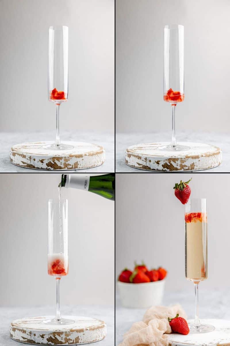 collage of strawberry bellini recipe steps.