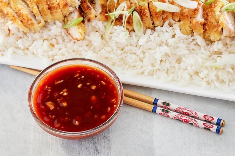 homemade katsu sauce in a bowl and chopsticks.