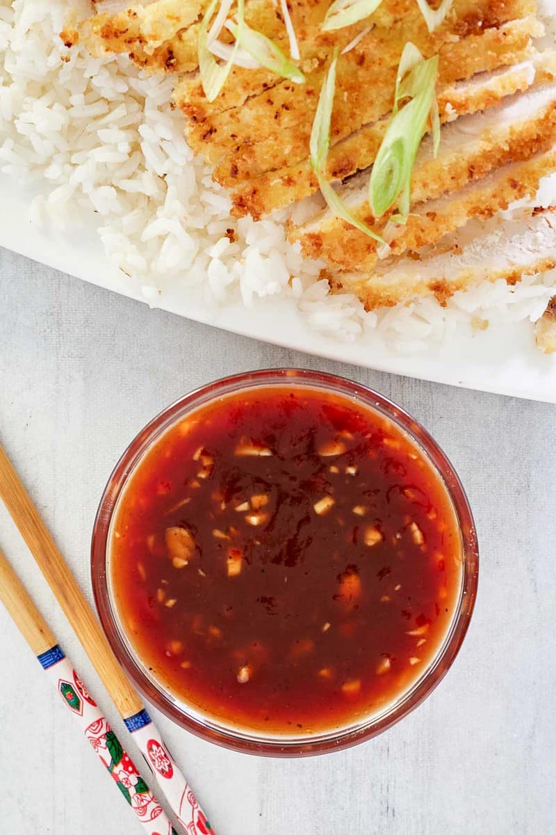 overhead view of katsu sauce in a bowl.
