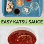 homemade katsu sauce ingredients and finished sauce in a bowl.