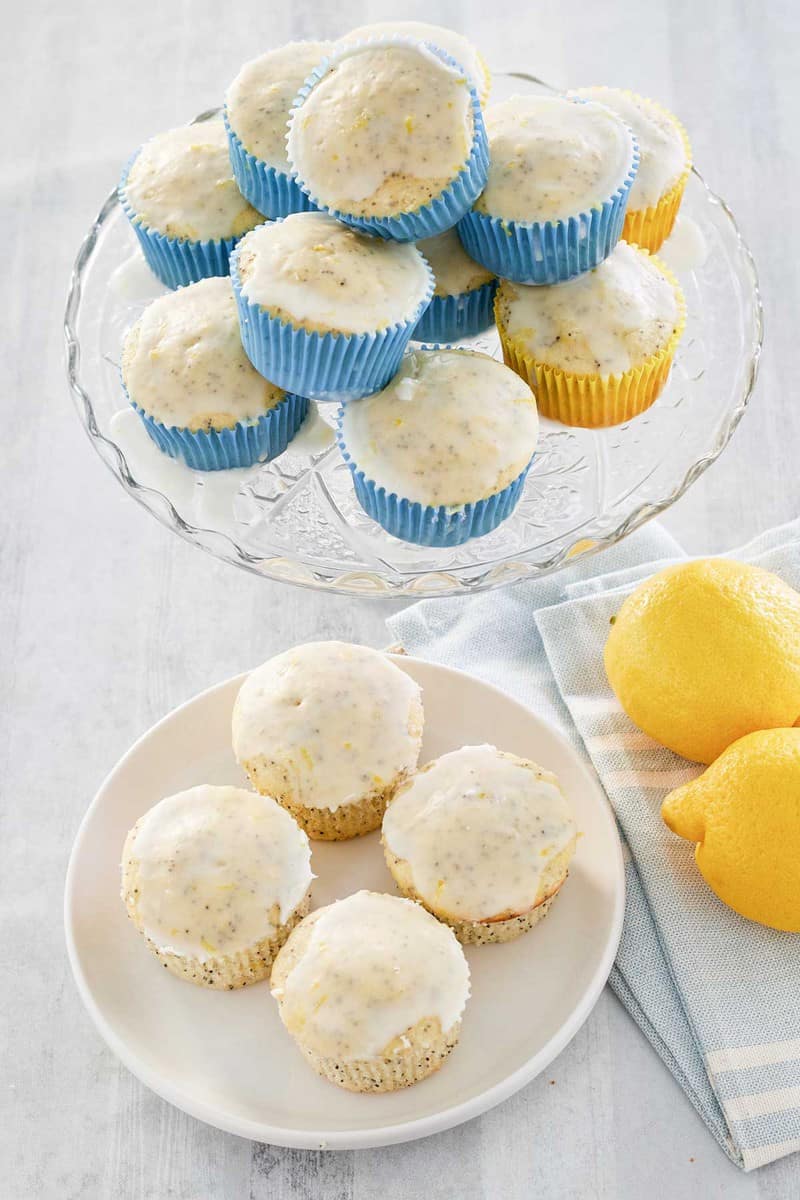 glazed lemon poppy seed muffins and lemons.