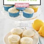 lemon poppy seed muffins on a plate and stand.
