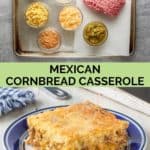 Mexican Cornbread Casserole ingredients and slice on a plate.