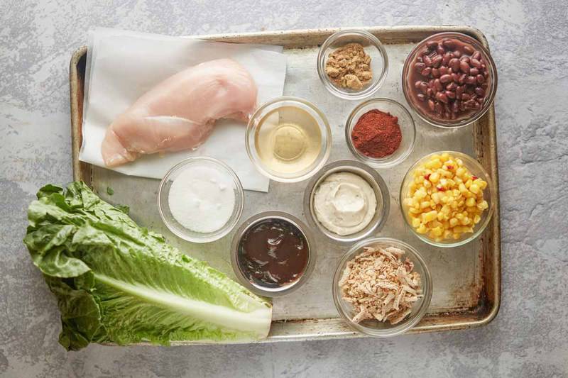 Panera BBQ chicken salad ingredients on a baking sheet