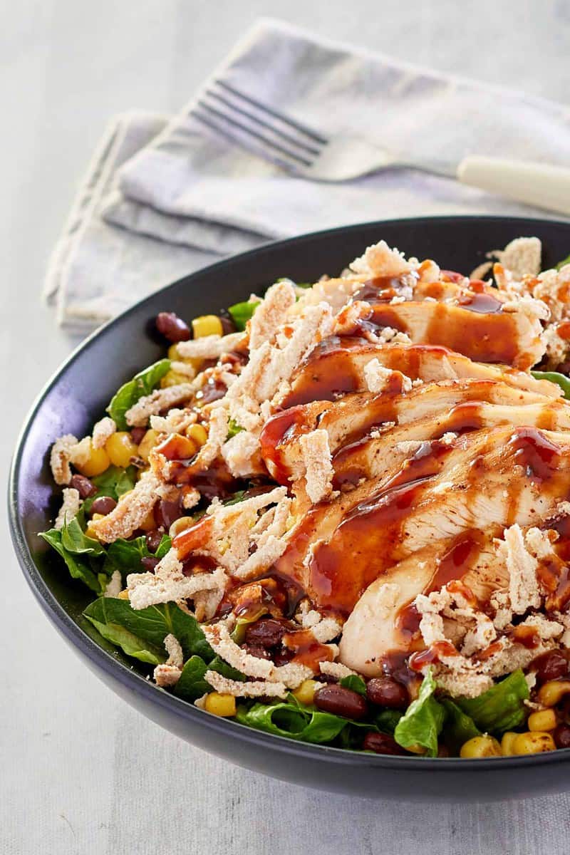 copycat Panera BBQ chicken salad and a fork on a napkin.