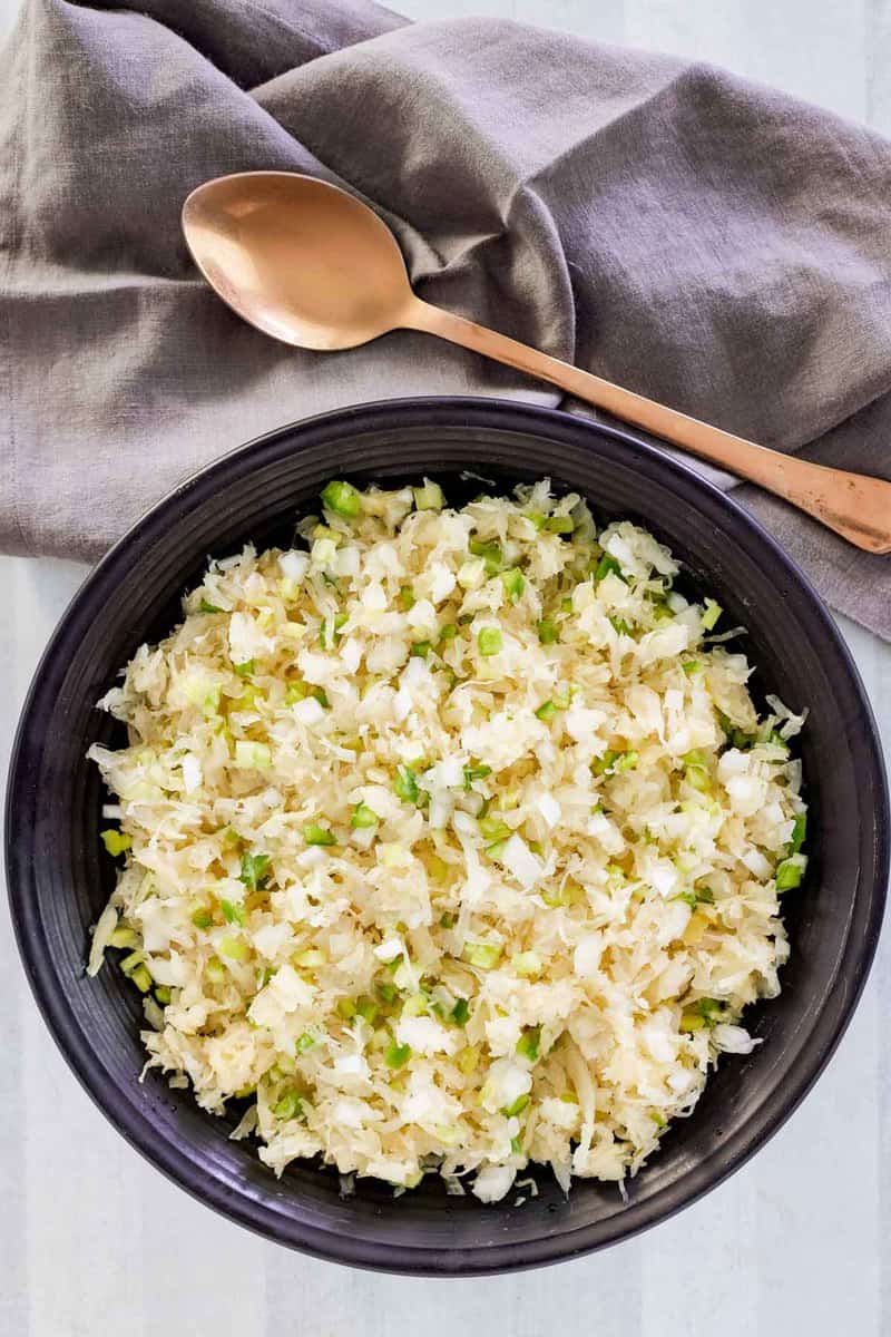 overhead view of sauerkraut salad in a bowl.