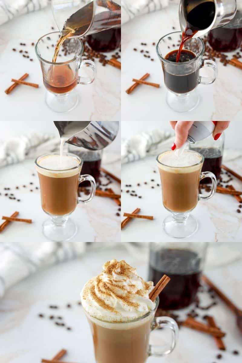 collage of Starbucks cinnamon dolce latte recipe steps.