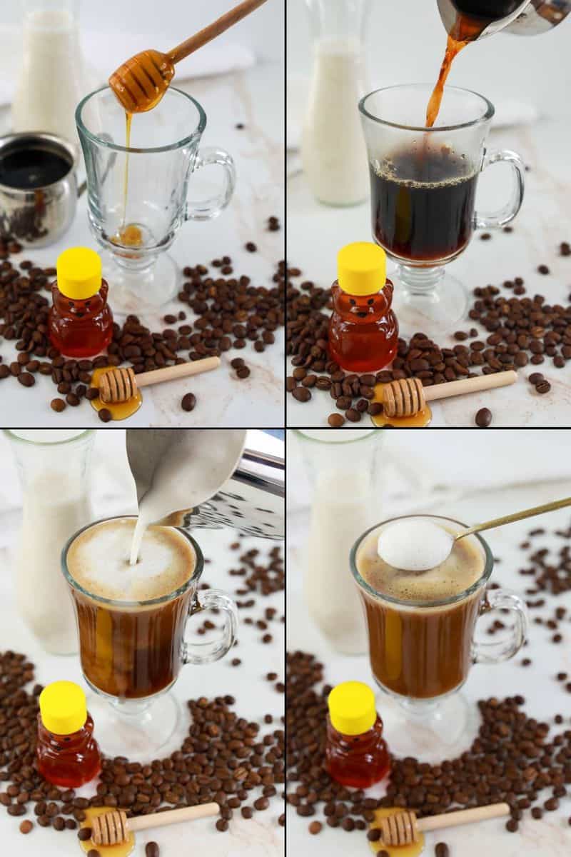 collage of Starbucks honey almond milk flat white recipe steps.