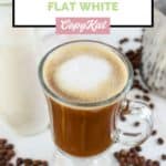 copycat Starbucks honey almond milk flat white drink and coffee beans.