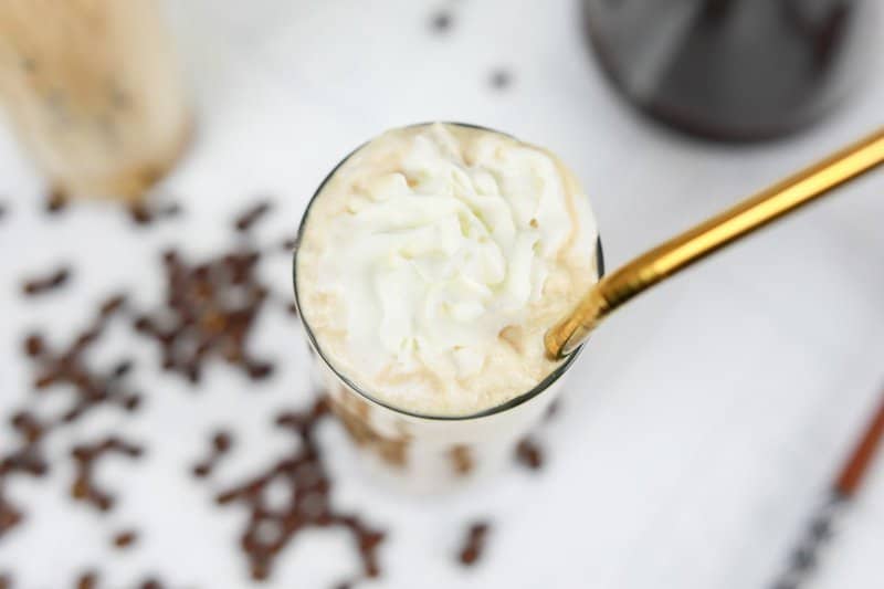 overhead view of homemade Starbucks iced vanilla latte.