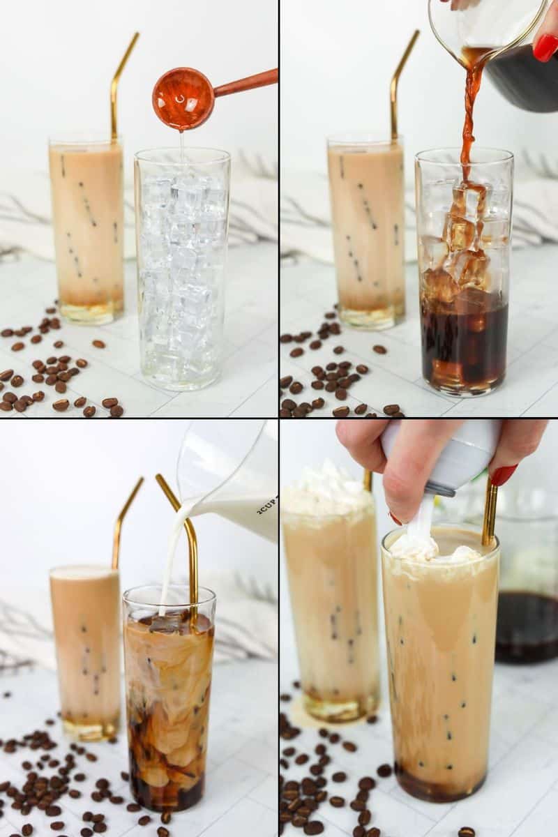 collage of Starbucks iced vanilla latte recipe steps.