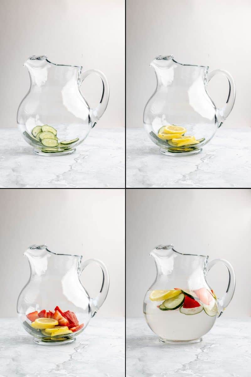 strawberry lemon cucumber water recipe steps collage.