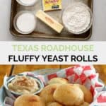 copycat Texas Roadhouse rolls ingredients and baked rolls.