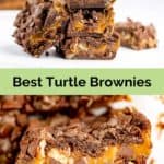 a stack of turtle brownies and a close up of one.