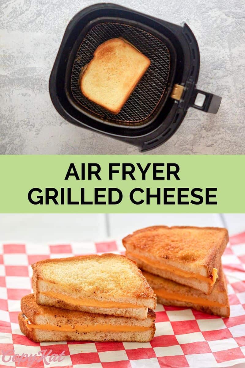grilled cheese sandwich in an air fryer basket and on parchment paper.