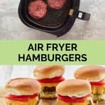 hamburger patties in an air fryer and finished hamburgers.