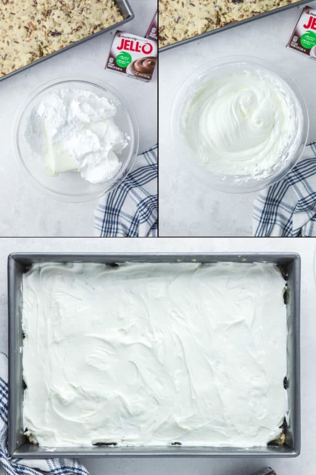 collage of chocolate delight cream cheese layer recipe steps.