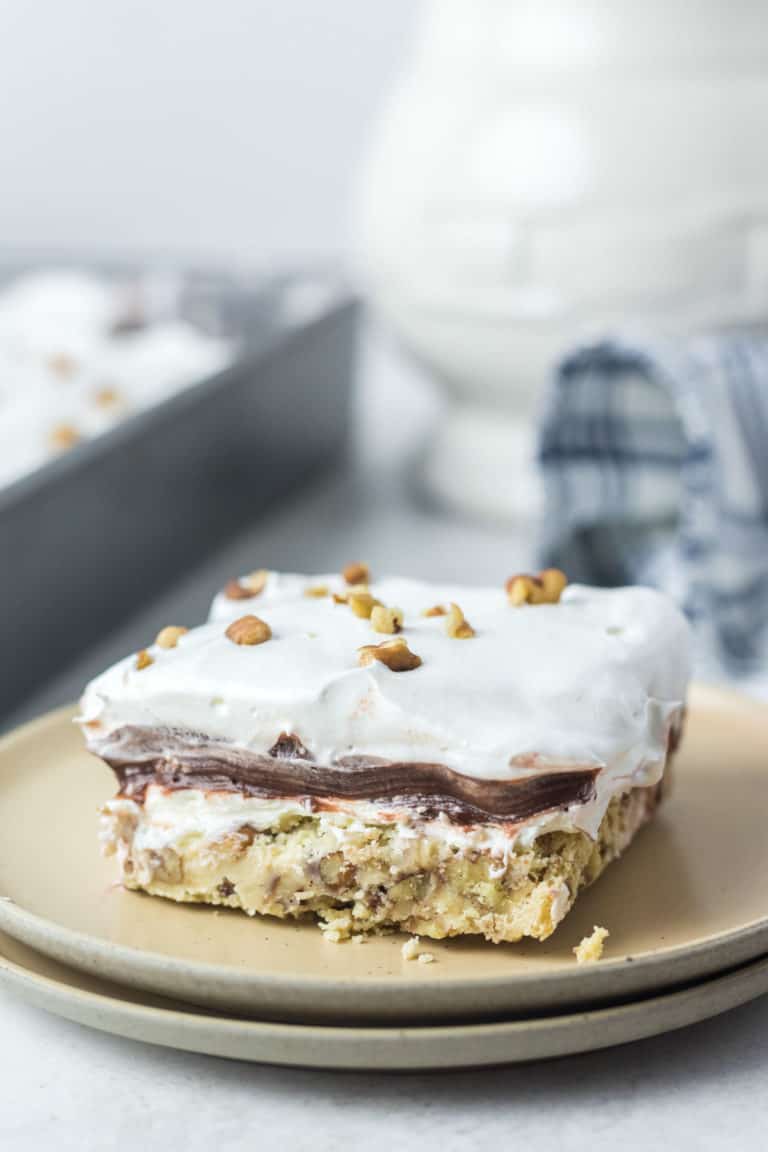 chocolate delight dessert slice on a plate.