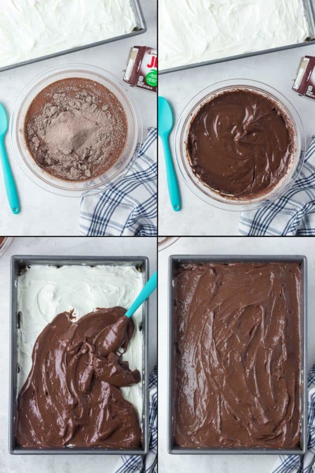collage of chocolate delight pudding layer recipe steps.