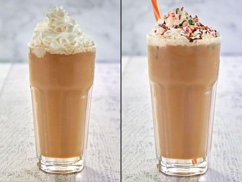 collage of dunkin iced cake batter latte recipe steps 5 and 6
