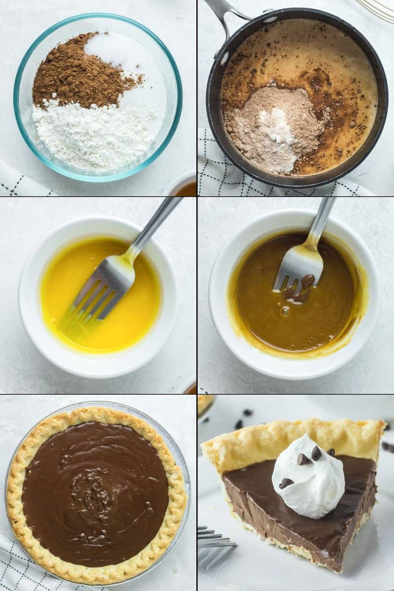 collage of chocolate pie recipe steps.