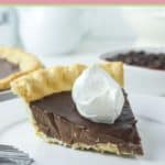 a slice of chocolate pie on a plate.